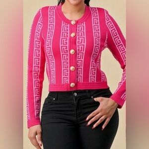 Pink Geometric Button-Up Cardigan
